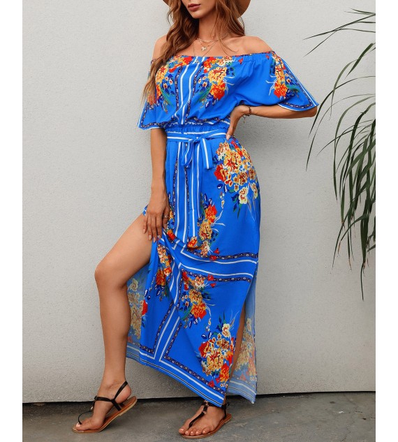 Off Shoulder High Slit Bell Sleeve Floral Print Maxi Dress
