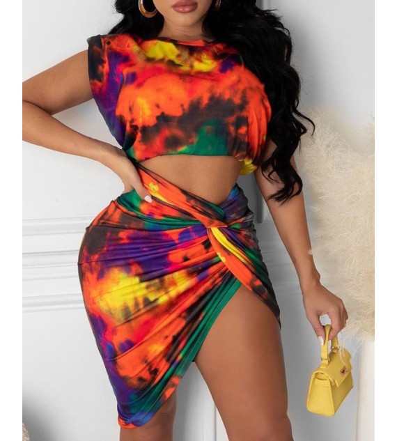 Tie Dye Print Tank Top & Twisted Skirt Set