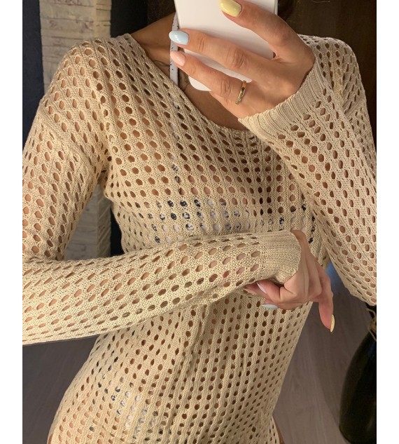 Long Sleeve Hollow Out Slit Cover Up Dress