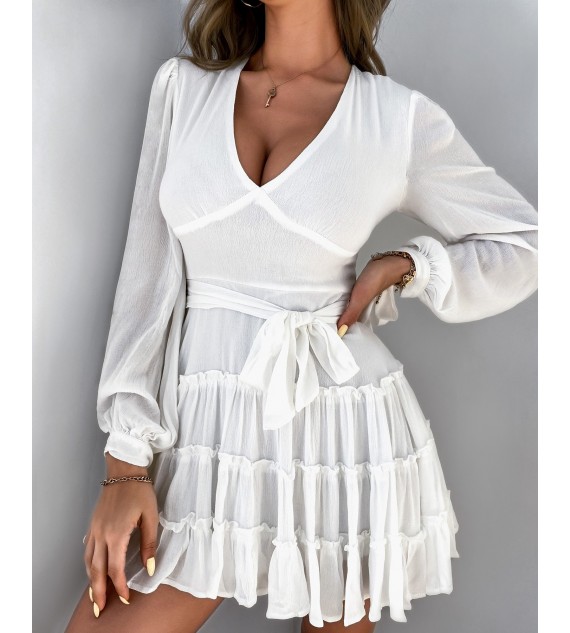Lantern Sleeve Tied Cuff Frill Hem Dress