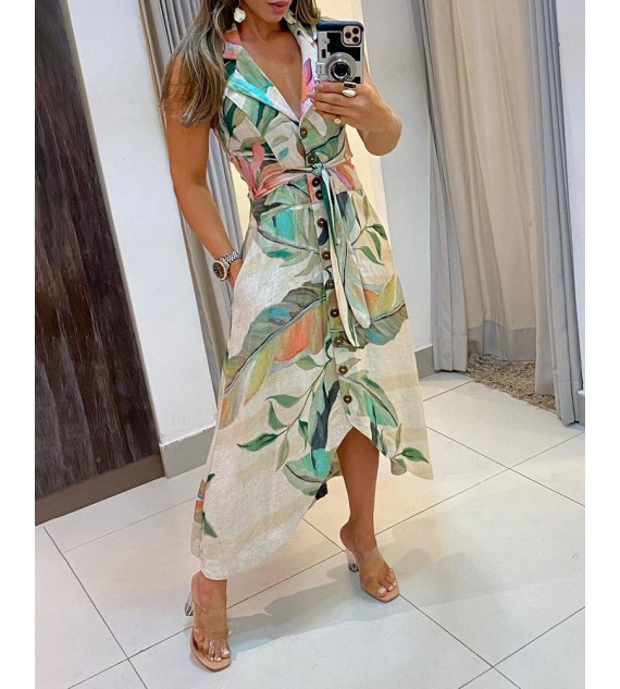 Floral Print Button Design Halter Backless Maxi Women Dress