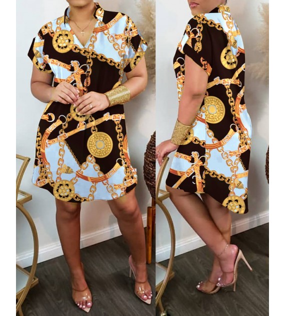 Chain Print Roll Up Sleeve Shirt Dress Casual Short Sleeve Loose Dress