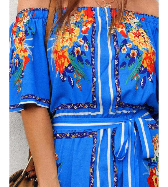 Off Shoulder High Slit Bell Sleeve Floral Print Maxi Dress