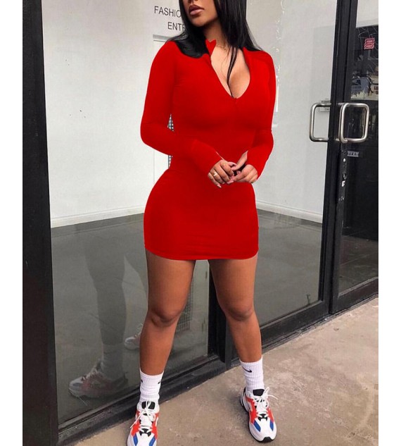 Solid Zipped V-Neck Bodycon Dress