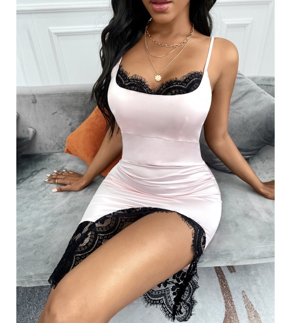 Spaghetti Strap Eyelash Lace Color Satin Dress