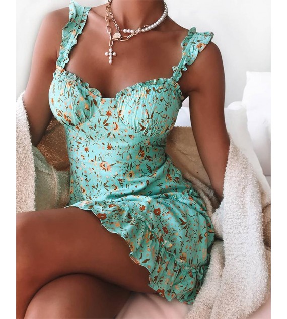Floral Print Ruffle Trim Dress