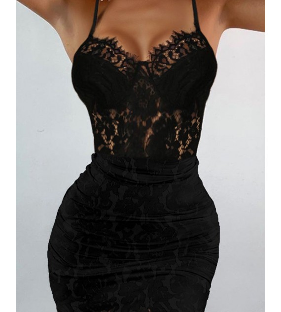 Contrast Lace Bodycon Cami Dress Solid Color Sleeveless Sling Slim Mini Bodycon Dress