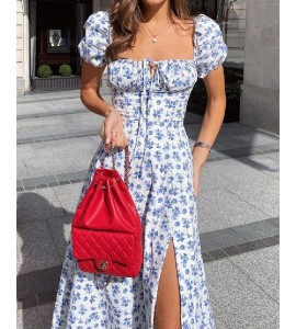 Floral Print High Slit Drawstring Puff Sleeve Dress