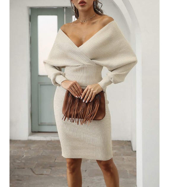 V Neck Backless Batwing Sleeve Knit Top & Skirt Set