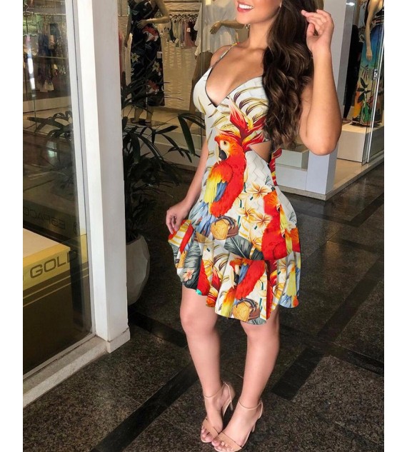 Floral Print Ruffle Hem Cutout Sleeveless Dress