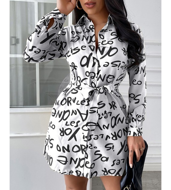 Long Sleeve Letter Print Button Design Shirt Dress