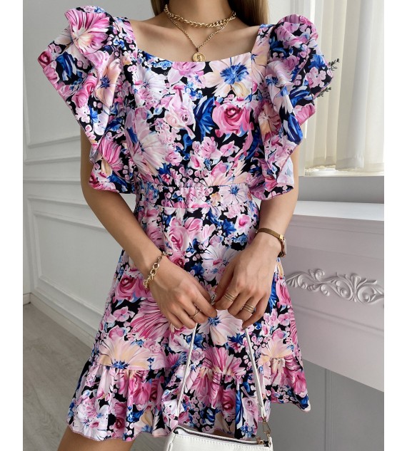 Floral Print Tied Detail Backless Ruched Dress