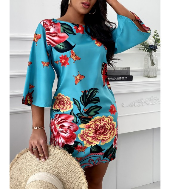 Half Sleeve Butterfly Floral Print Dress