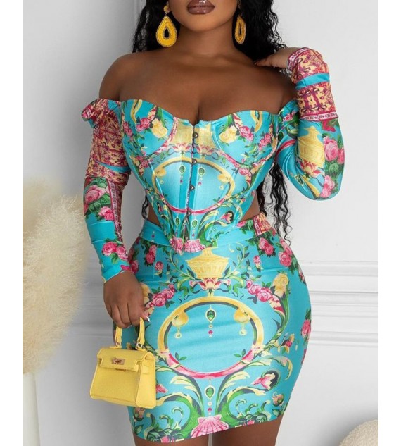 Off Shoulder Floral Print Corset Top & Skirt Set