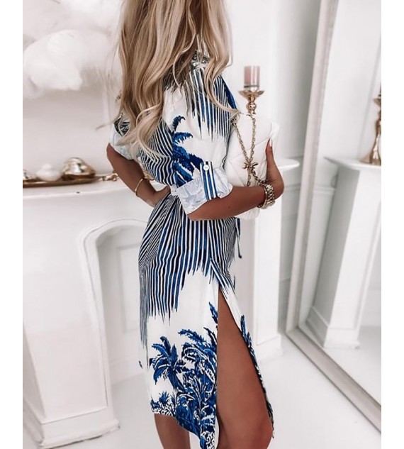 Striped Tropical Print High Slit Shirt Dress Half Sleeve Casual Shirt Dress With Belt