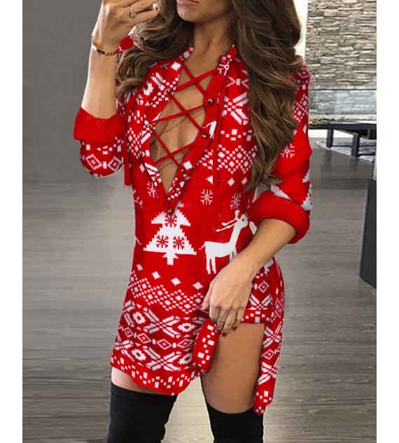 Christmas Eyelet Lace-up Side Slit Dress