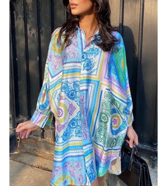 Scarf Print Long Sleeve Buttoned Shirt Dress