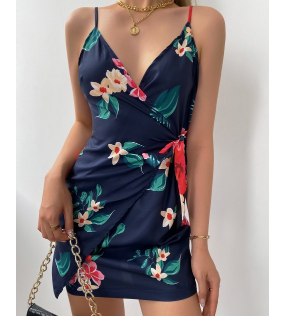 Floral Print V-Neck Wrap Tie Side Cami Dress