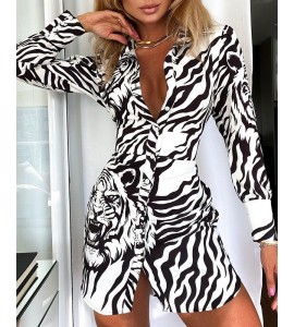Long Sleeve Button Design Tiger Print Casual Shirt  Dress Slim Mini Shirt Dress