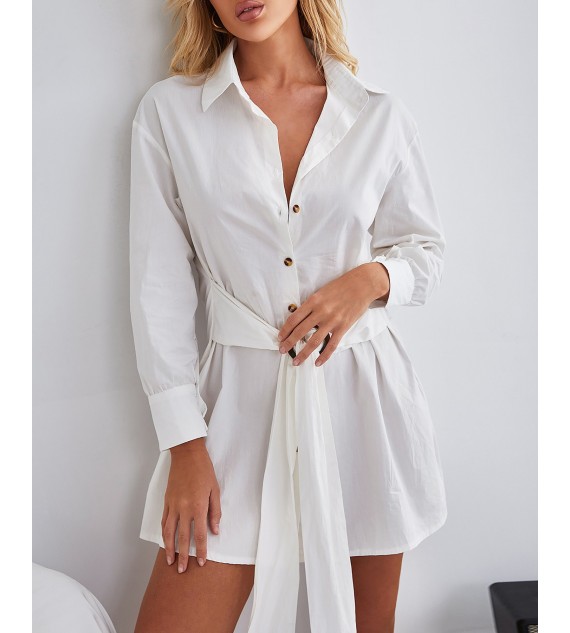Lantern Sleeve Buttoned Tied Detail Shirt Dress