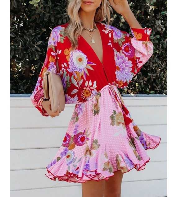 Floral Print Ruffles Hem Lantern Sleeve Casual Dress