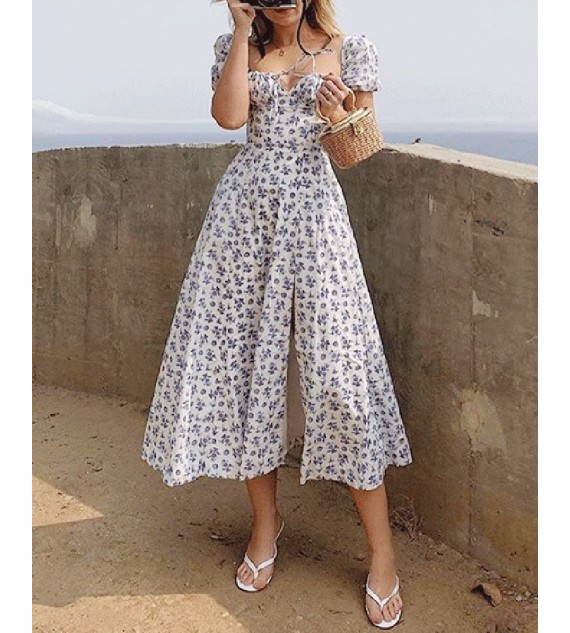 Floral Print High Slit Drawstring Puff Sleeve Dress