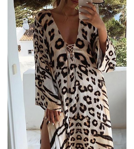 Cheetah Print Lace-up High Slit Maxi Dress