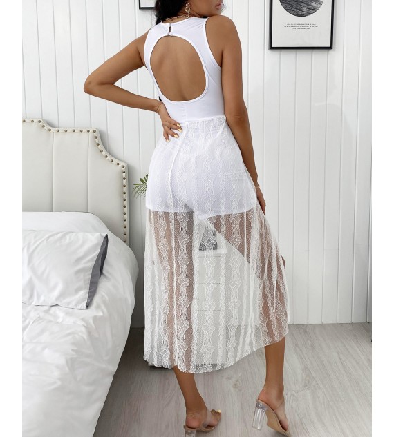 Solid Sleeveless Mesh Patchwork Loose Long Dress