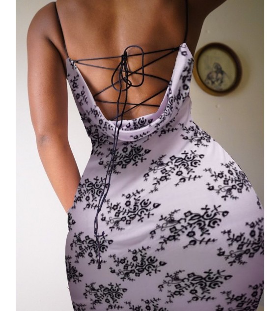Floral Print Lace Up Square Neck Maxi Dress