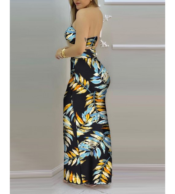 Tropical Print Bandeau Crop Top & Drawstring High Slit Skirt Sets