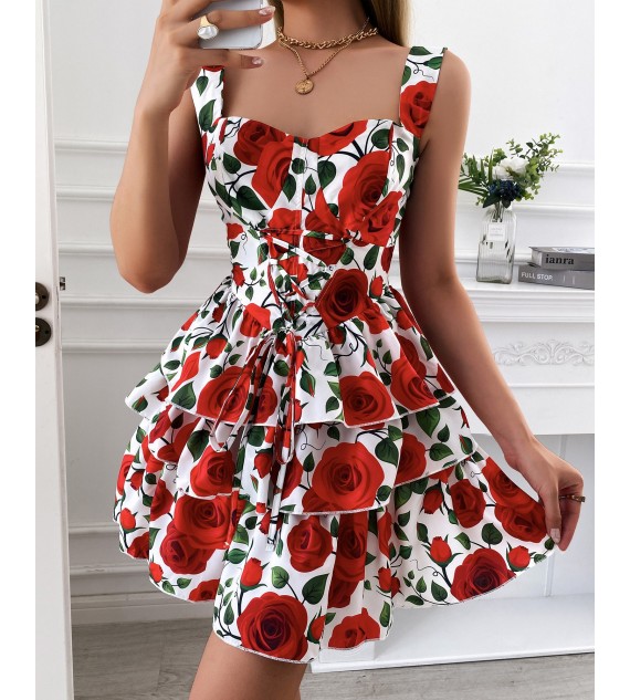 Layered Ruffles Lace-up Backless Floral Print Dress