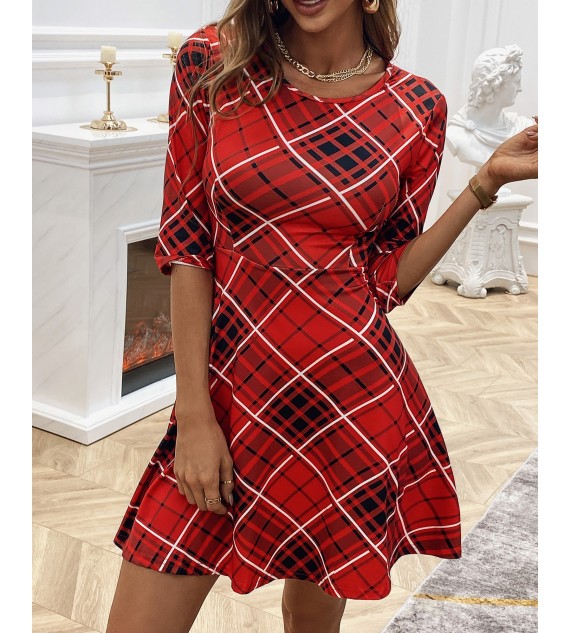Half Sleeve Plaid Casual Flared Women Dress