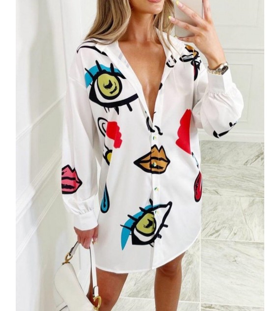 Lip Eye Print Drop Shoulder Button Up Shirt Dress Casual Loose Daily Shirt Dress