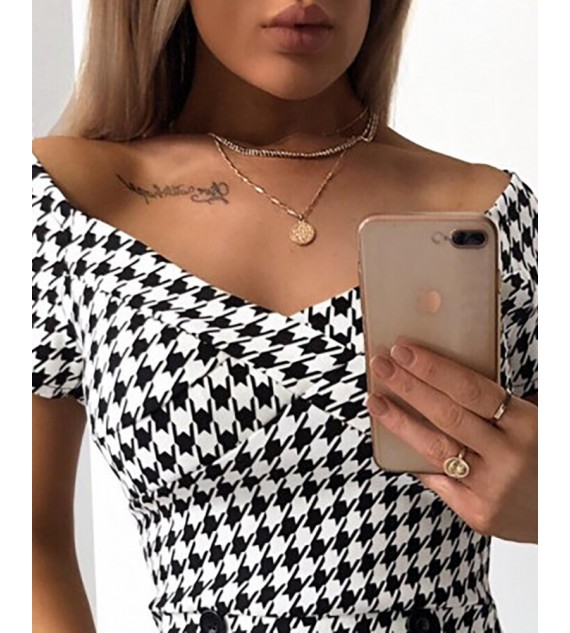 Houndstooth Buttoned Design Bodycon Dress