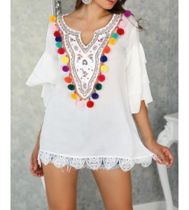 Ethnic Print Pom Poms Tiered Sleeve Casual Dress