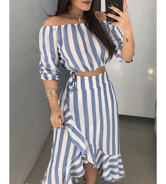 Striped Off Shoulder Top & Ruffles Skirt Sets