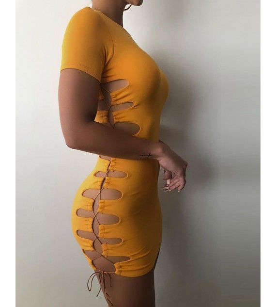 Lace-up Short Sleeve Cutout Bodycon Dress