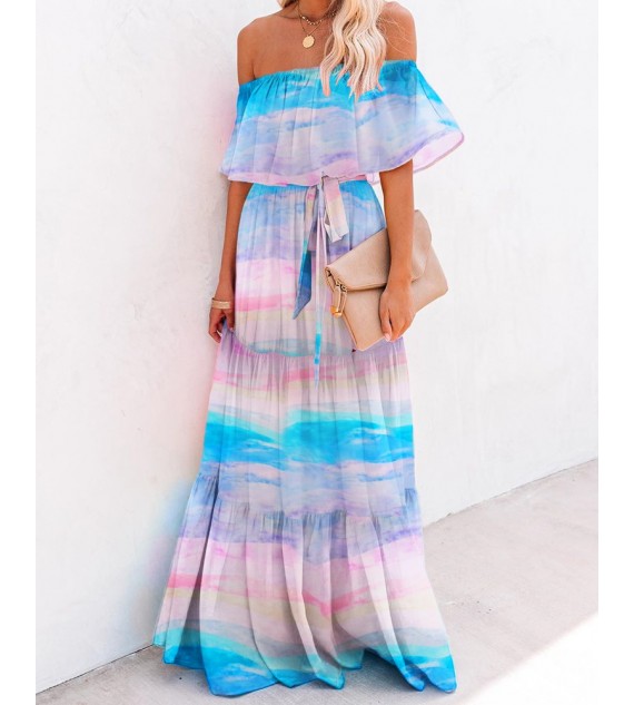 Colorful Off Shoulder Gradient Color Ruffles Maxi Dress
