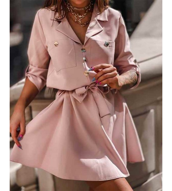 Notched Collar Button Decor Pocket Tie Front Culotte Tweed Dress