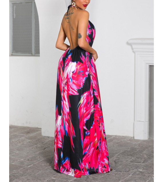 Halter Colorful Print Open Back Maxi Dress Sleeveless Casual Dress Holiday