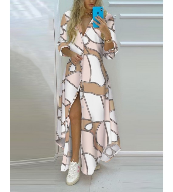 Chain Print Button Front High Slit Shirt Dress