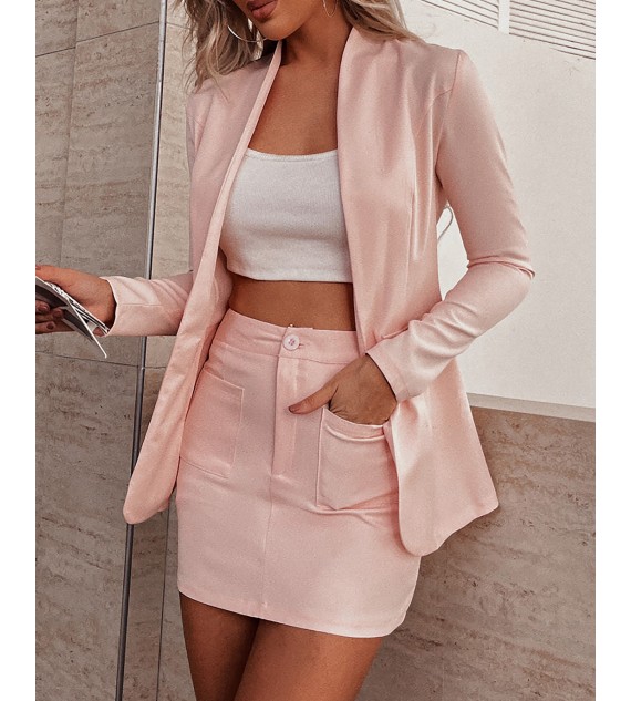 Long Sleeve Blazer Coat & Pockets Skirt Set