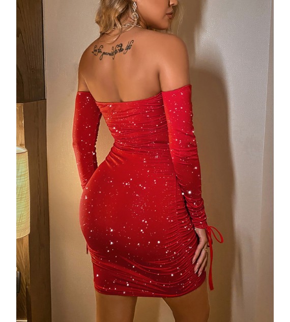 Glitter Off Shoulder Ruched Bodycon Dress