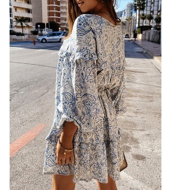 Paisley Print Long Sleeve Frill Hem Ruched Dress