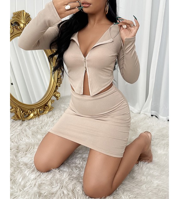 Ribbed Zip Front Top & Skirt Set