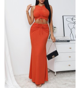 Ribbed Drawstring Sleeveless Top & Maxi Skirt Set