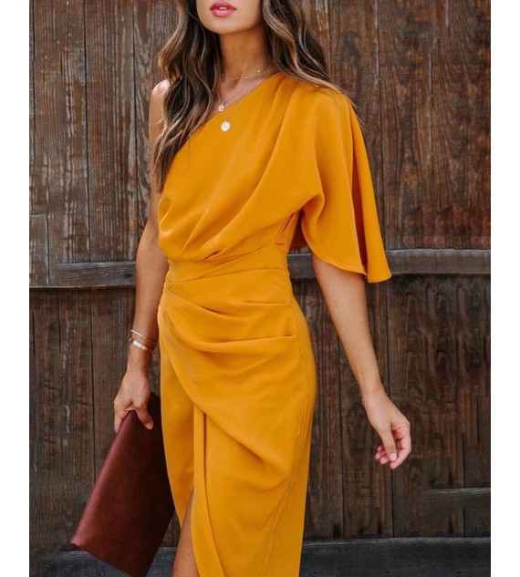 One Shoulder Ruched Bell Sleeve Dress