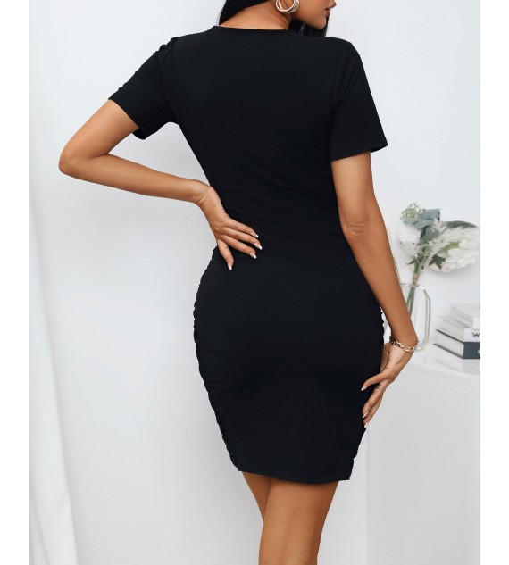 Solid Color V-Neck Ruched Bodycon Dress