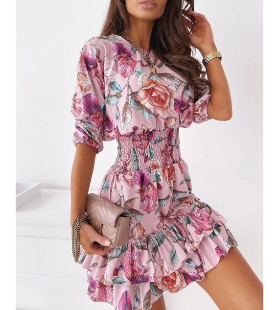 Floral Print Shirring Detail Layered Ruffles Dress