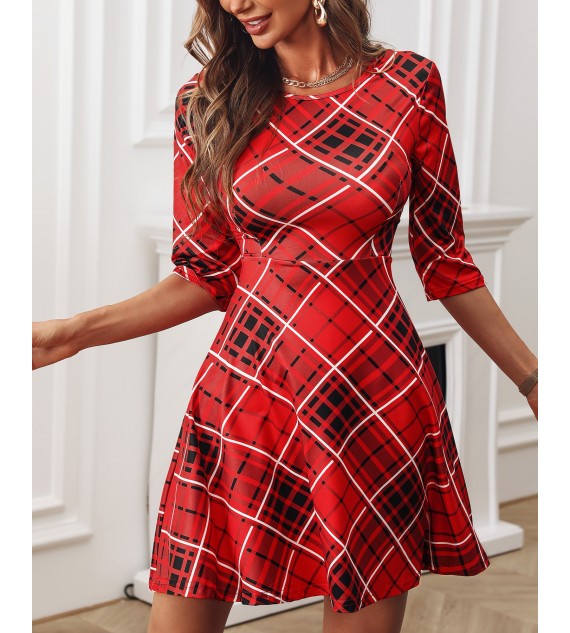 Half Sleeve Plaid Casual Flared Women Dress